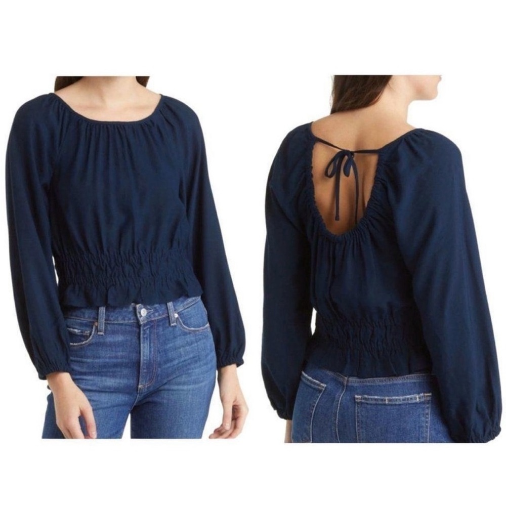 Madewell Navy Long-Sleeve Smocked Waist Tie-Back Top